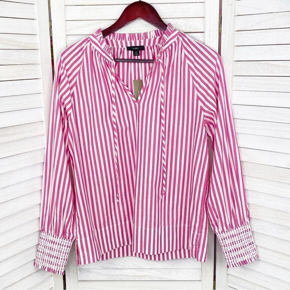 J. Crew Striped Smocked Cuff Popover Shirt Pink White XS - Picture 8 of 15
